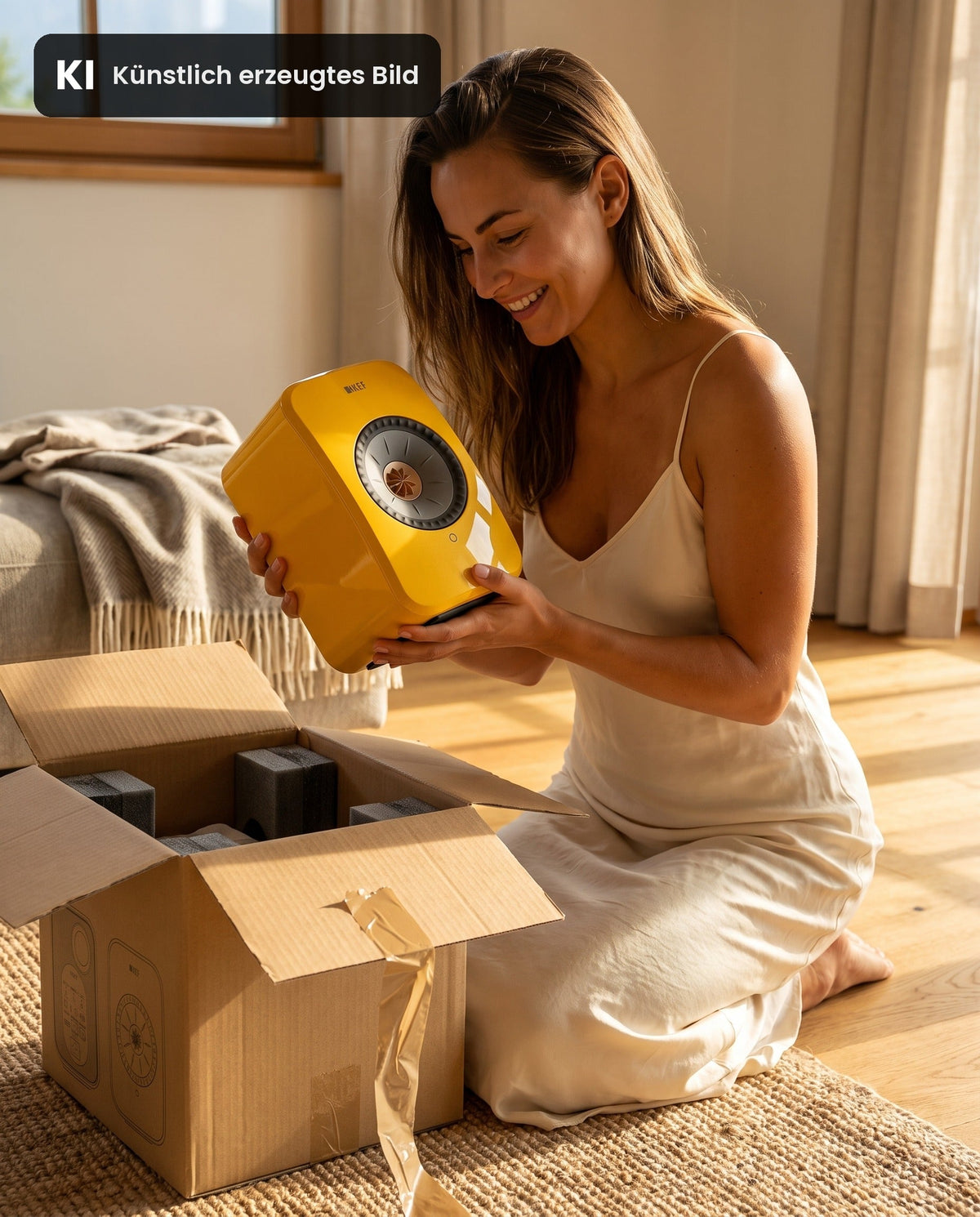 KEF LSX II Solaris Yellow ausgepackt, kuenstlich erzeugtes Bild