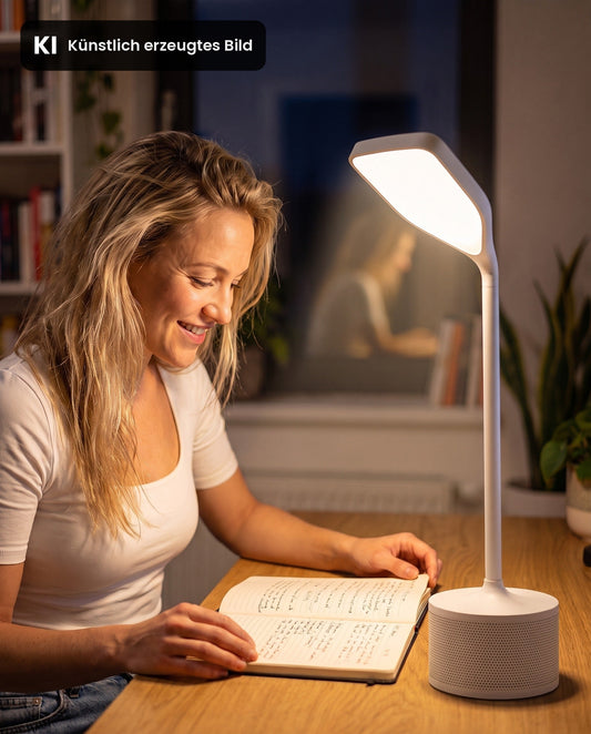 Weisse Nabo Schreibtischlampe mit flachem Lampenkopf und Lautsprechersockel auf einem Schreibtisch