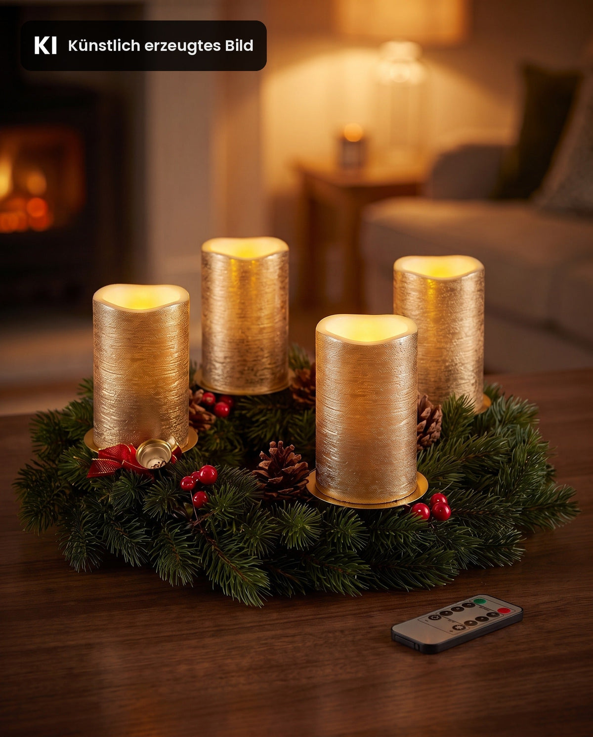 Vier gleich hohe goldene LED-Kerzen auf goldenen Haltern in einem Adventskranz, Fernbedienung daneben