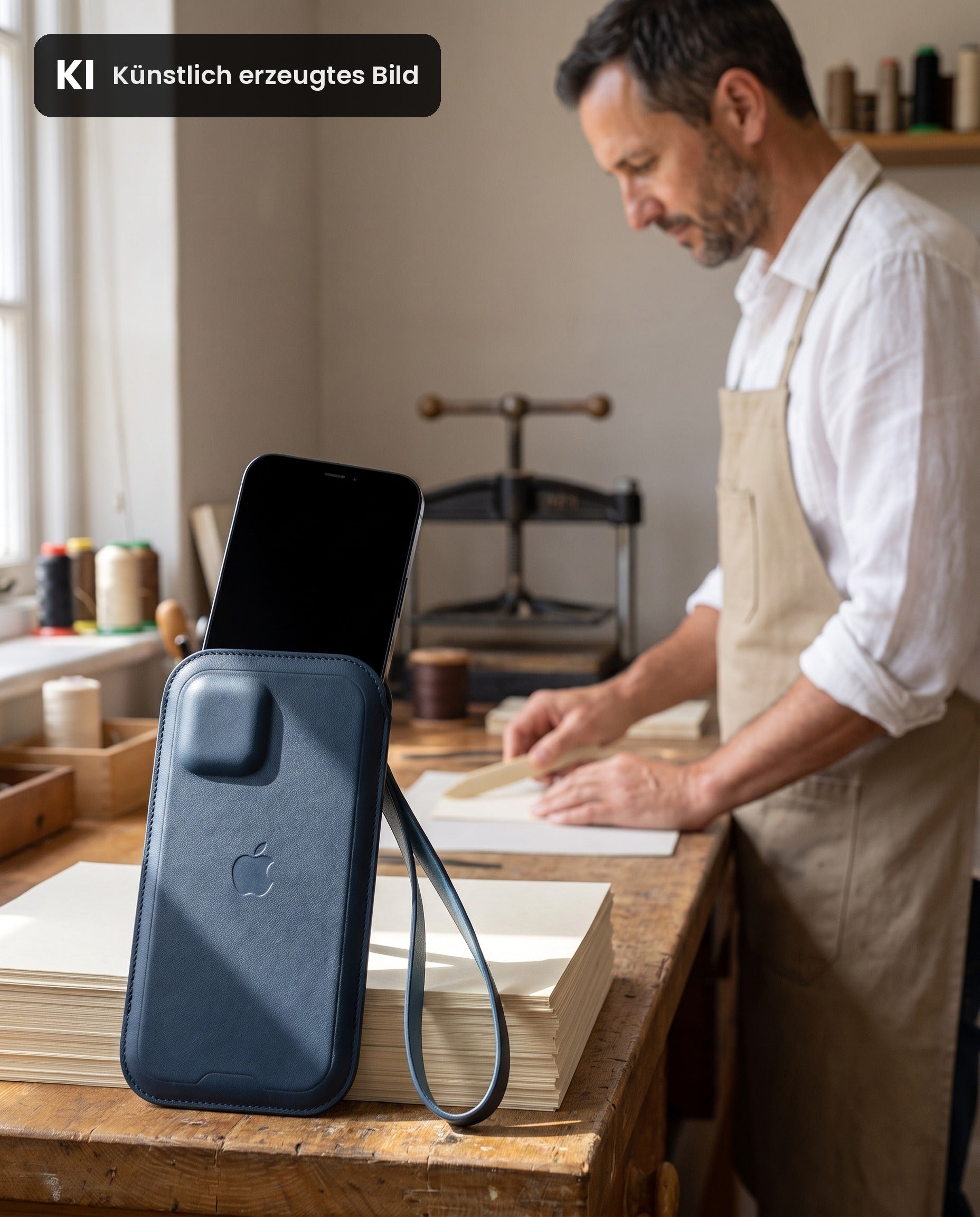Baltisch blaue Apple Ledertasche, iPhone wird hineingeschoben, Handschlaufe sichtbar