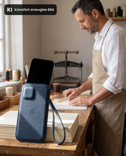 Baltisch blaue Apple Ledertasche, iPhone wird hineingeschoben, Handschlaufe sichtbar